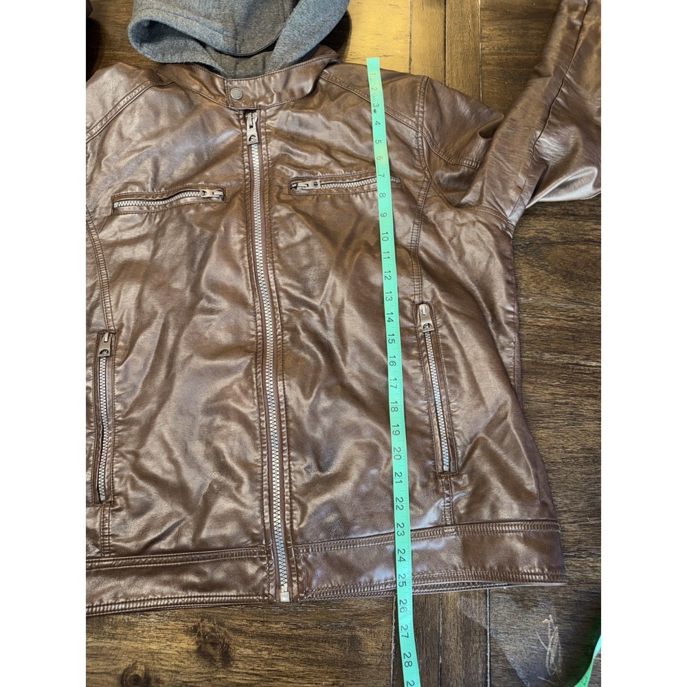 Guess Faux Leather Hooded Moto Jacket Removable Hood Brown Gray Men's XL Zip - Picture 8 of 11